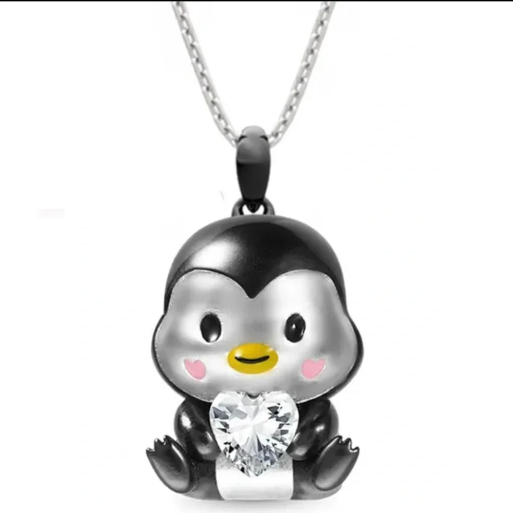 Baby Penguin Enamel with clear Crystal Heart Necklace